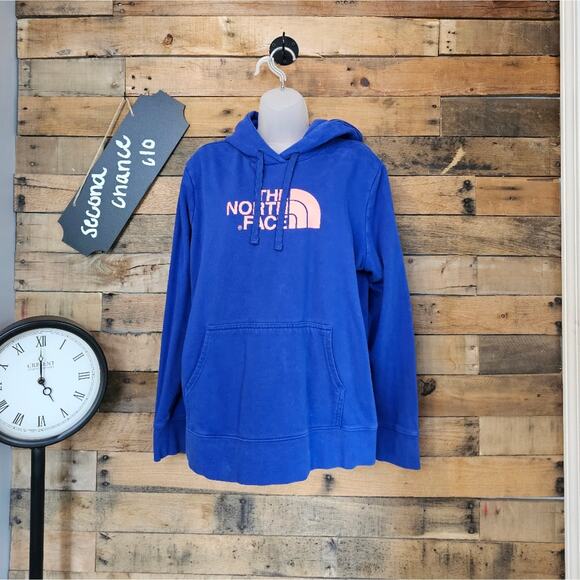 The North Face Tops - North Face women's blue hoodie w/peachypink logo sweatshirt size xl